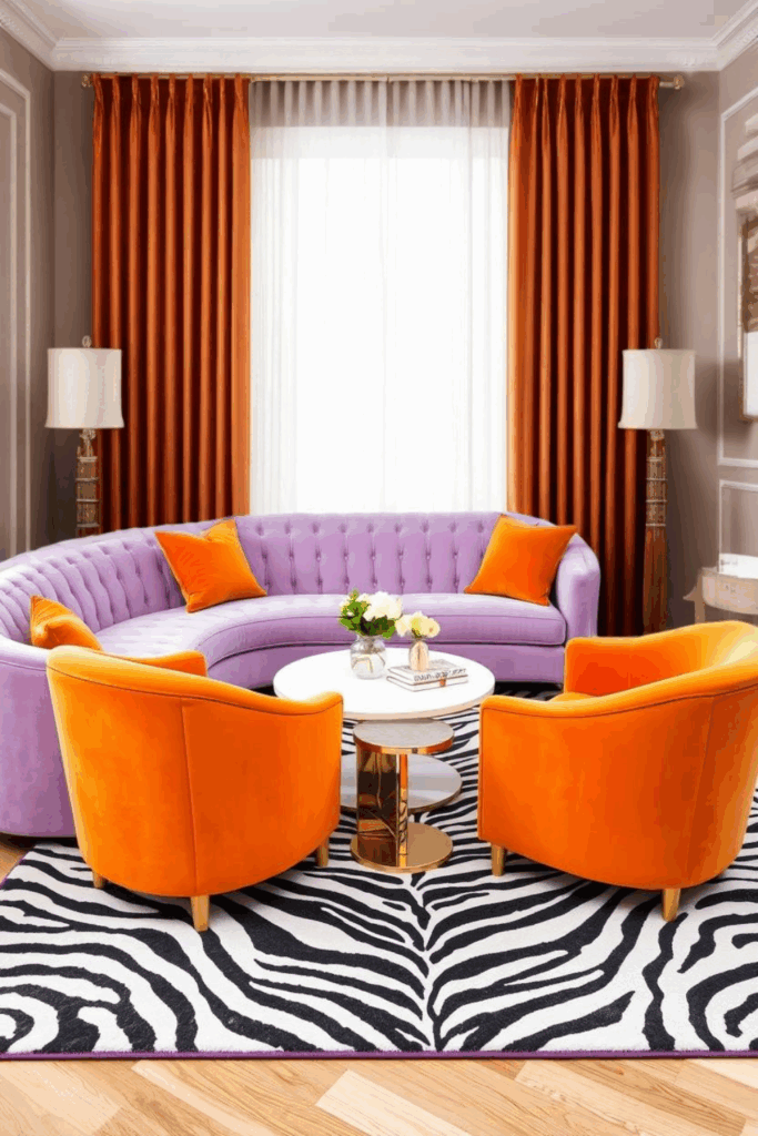 Orange and Lilac Zebra Print Living Room