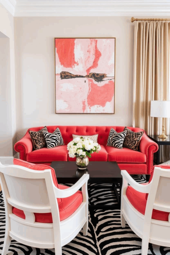 Coral Zebra Print Living Room