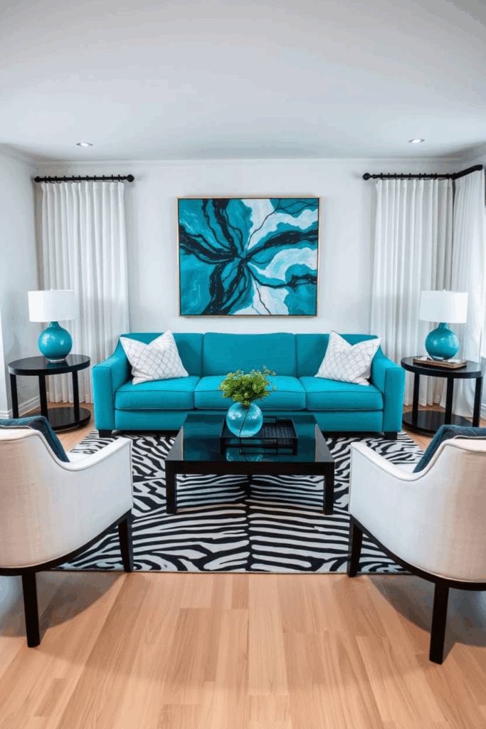 Turquoise and White Zebra Print Living Room