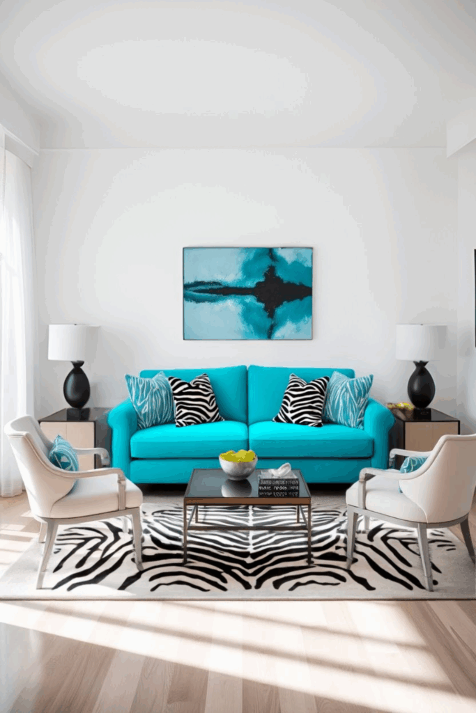 Turquoise and White Zebra Print Living Room