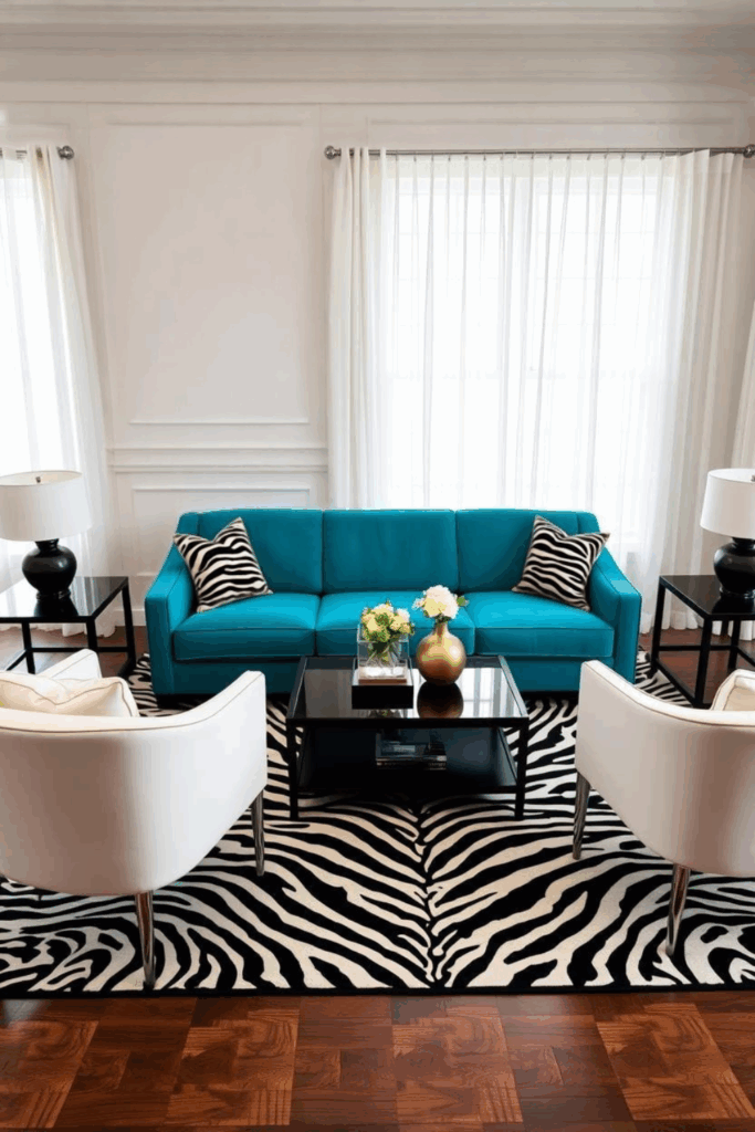 Turquoise and White Zebra Print Living Room