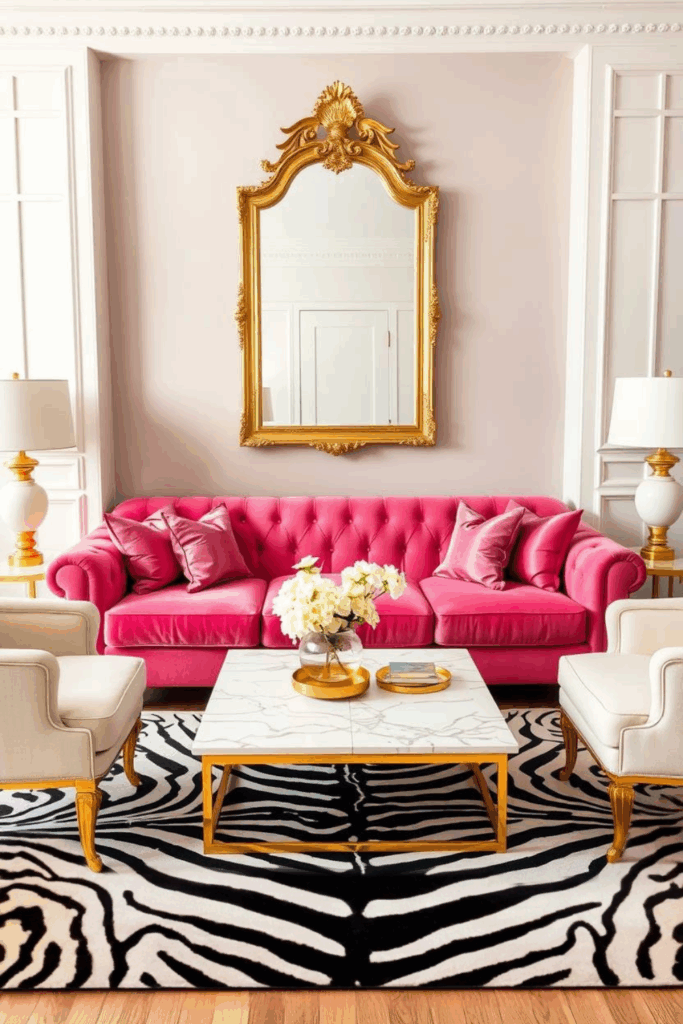 Bubblegum Pink Zebra Print Living Room