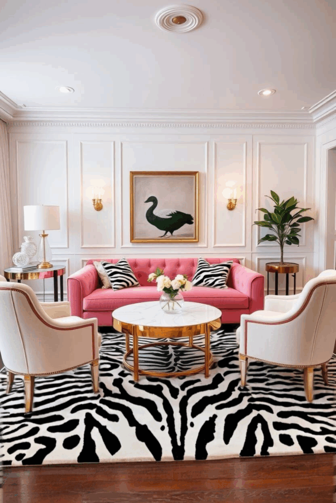 Bubblegum Pink Zebra Print Living Room