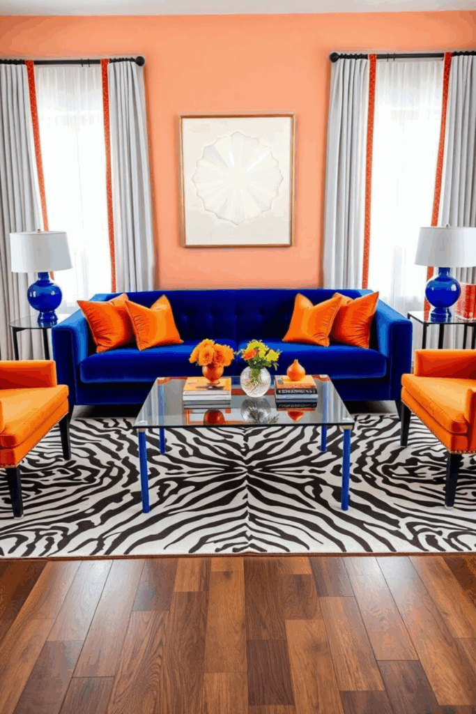 Orange & Cobalt Zebra Living Room