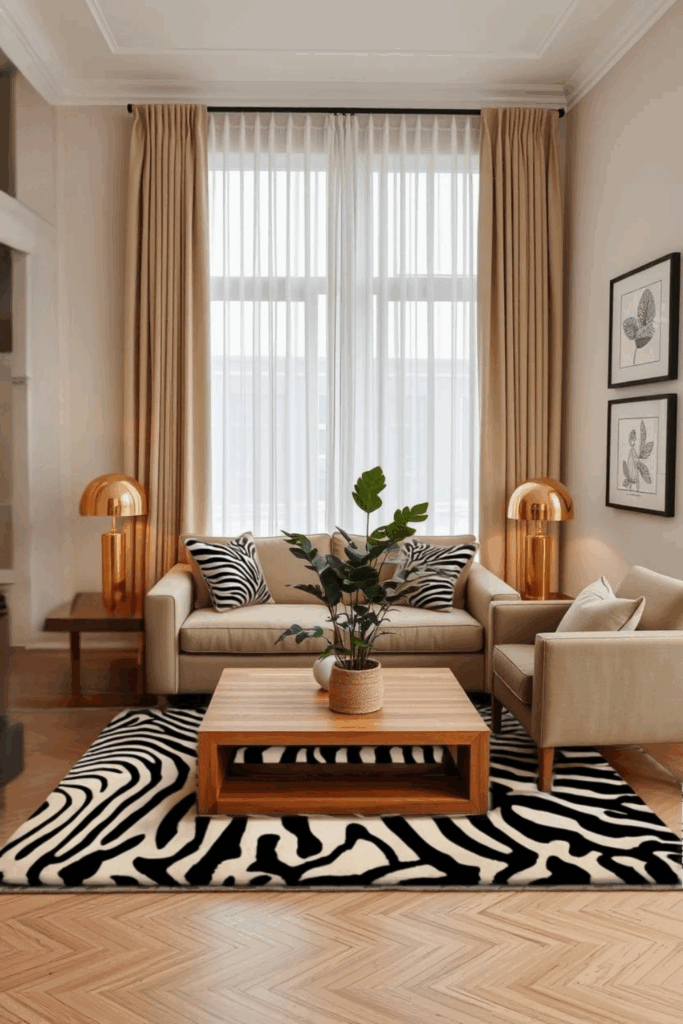 Tan and Gold Zebra Print Living Room