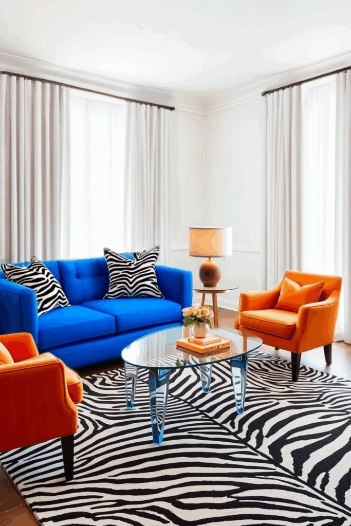 Orange & Cobalt Zebra Living Room