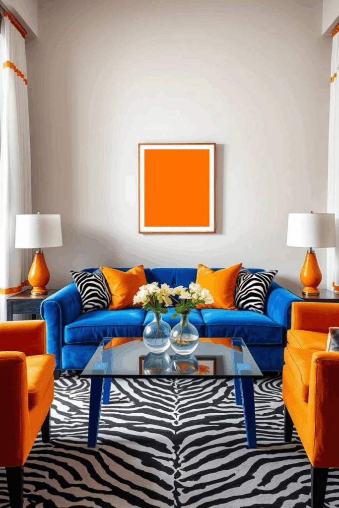 Orange & Cobalt Zebra Living Room
