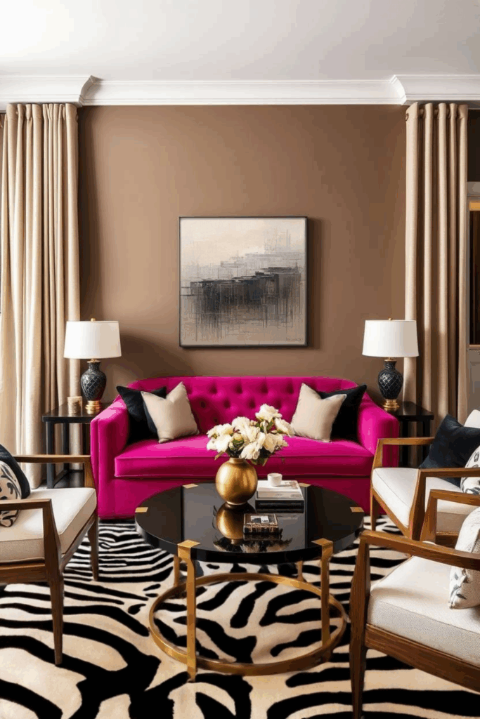 Bold Magenta and Walnut Zebra Print Living Room