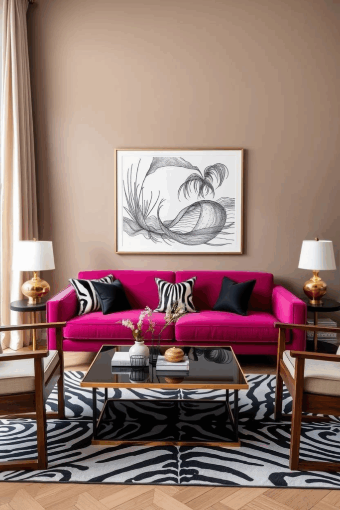 Bold Magenta and Walnut Zebra Print Living Room