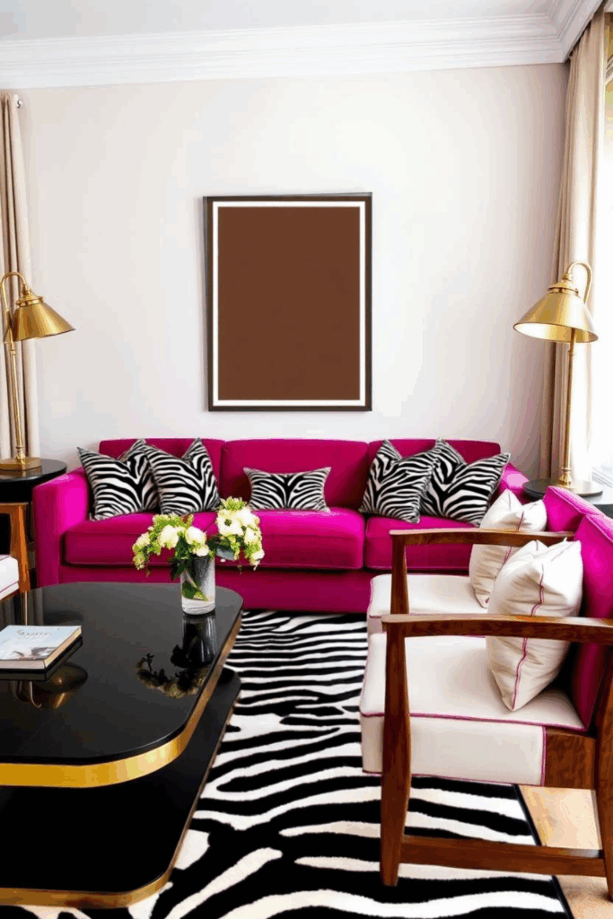 Bold Magenta and Walnut Zebra Print Living Room