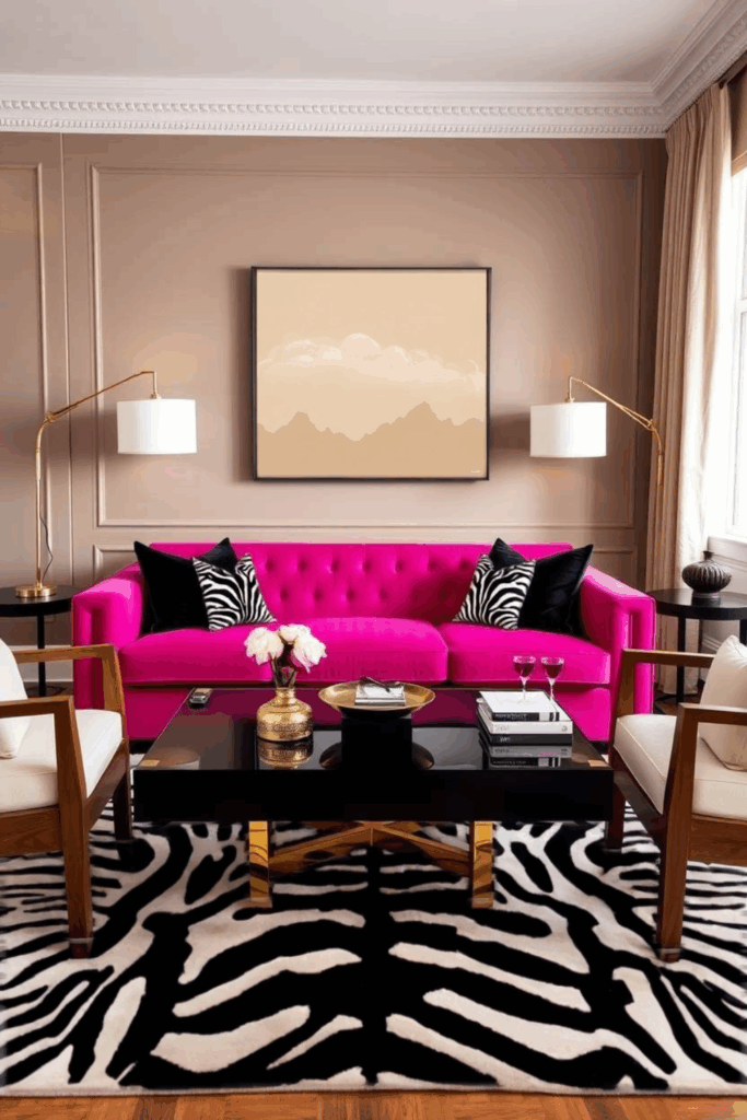 Bold Magenta and Walnut Zebra Print Living Room