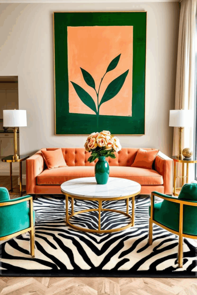 Peach and Emerald Zebra Print Living Room