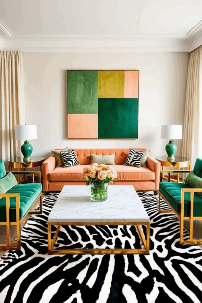Peach and Emerald Zebra Print Living Room